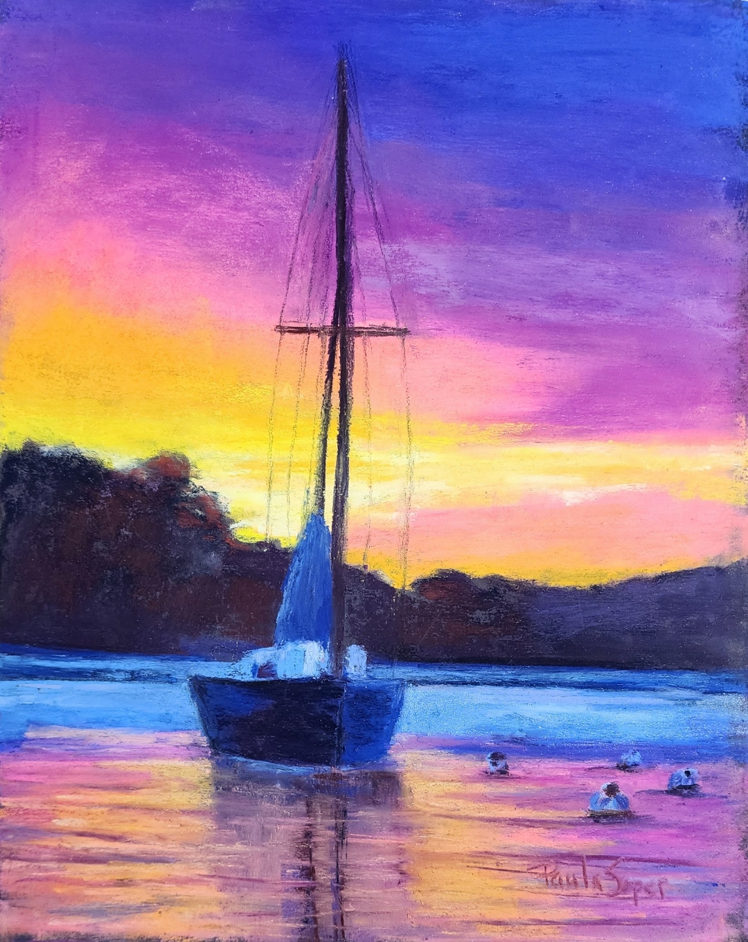 Sailboat at sunset, oil painting by Paula Soper